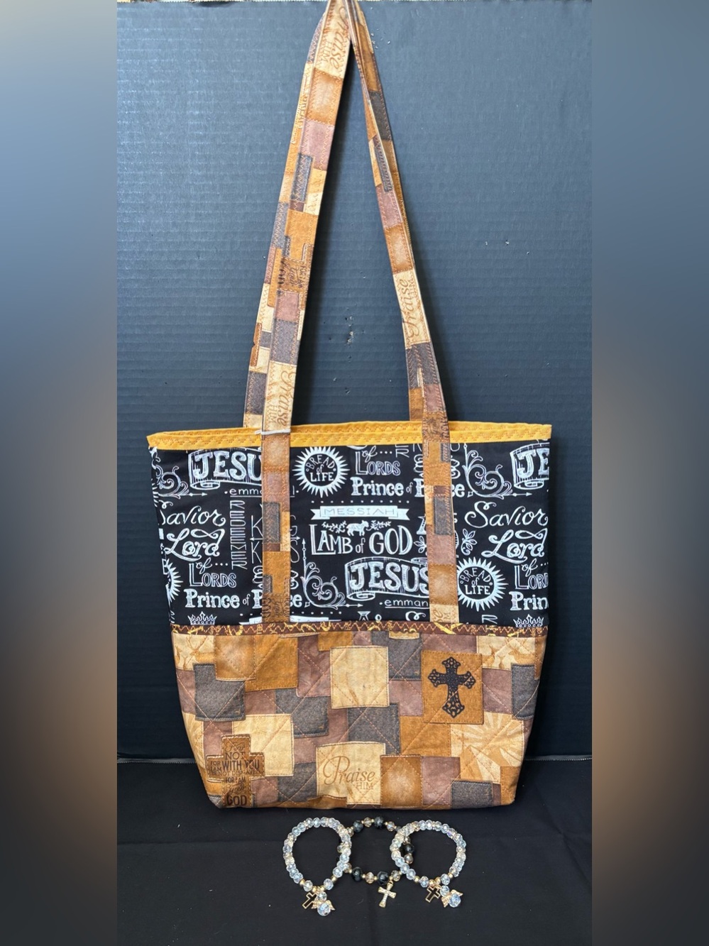 FAITH INSPIRED CHRISTIAN QUILTED TOTE BAG & BRACELETS W/CROSS & ANGELC CHARMS ST